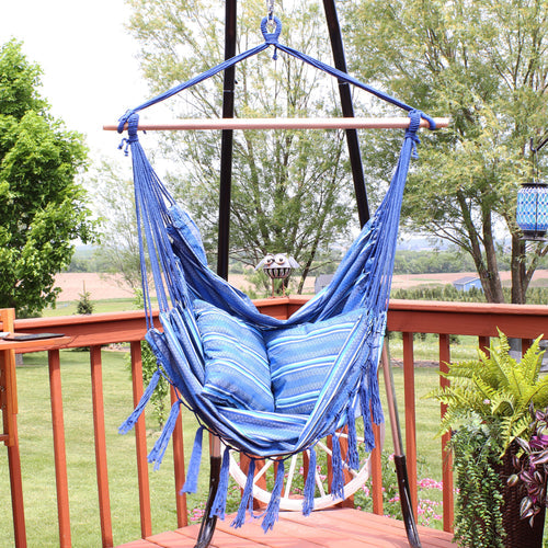 Sunnydaze Cushioned Hanging Hammock Chair Cornflower Stripes lifestyle