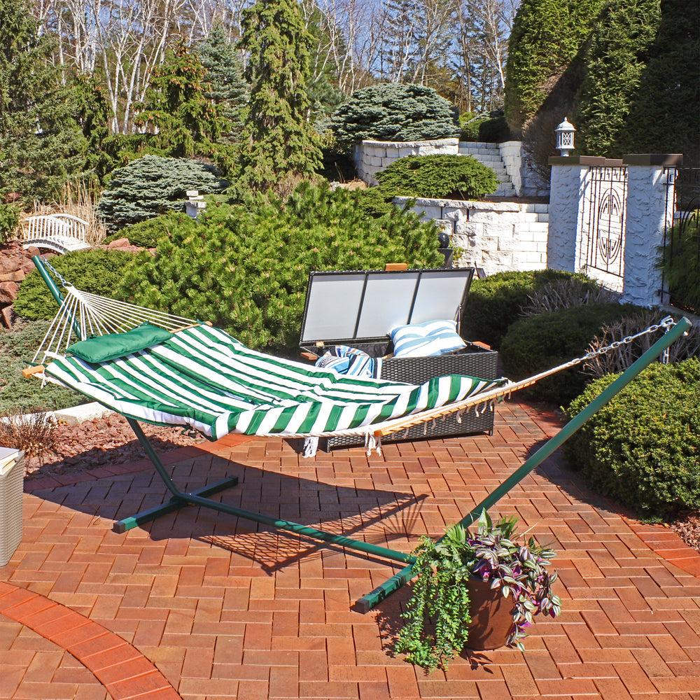 Rope Hammock Stand Pad Pillow Green White Stripe lifestyle