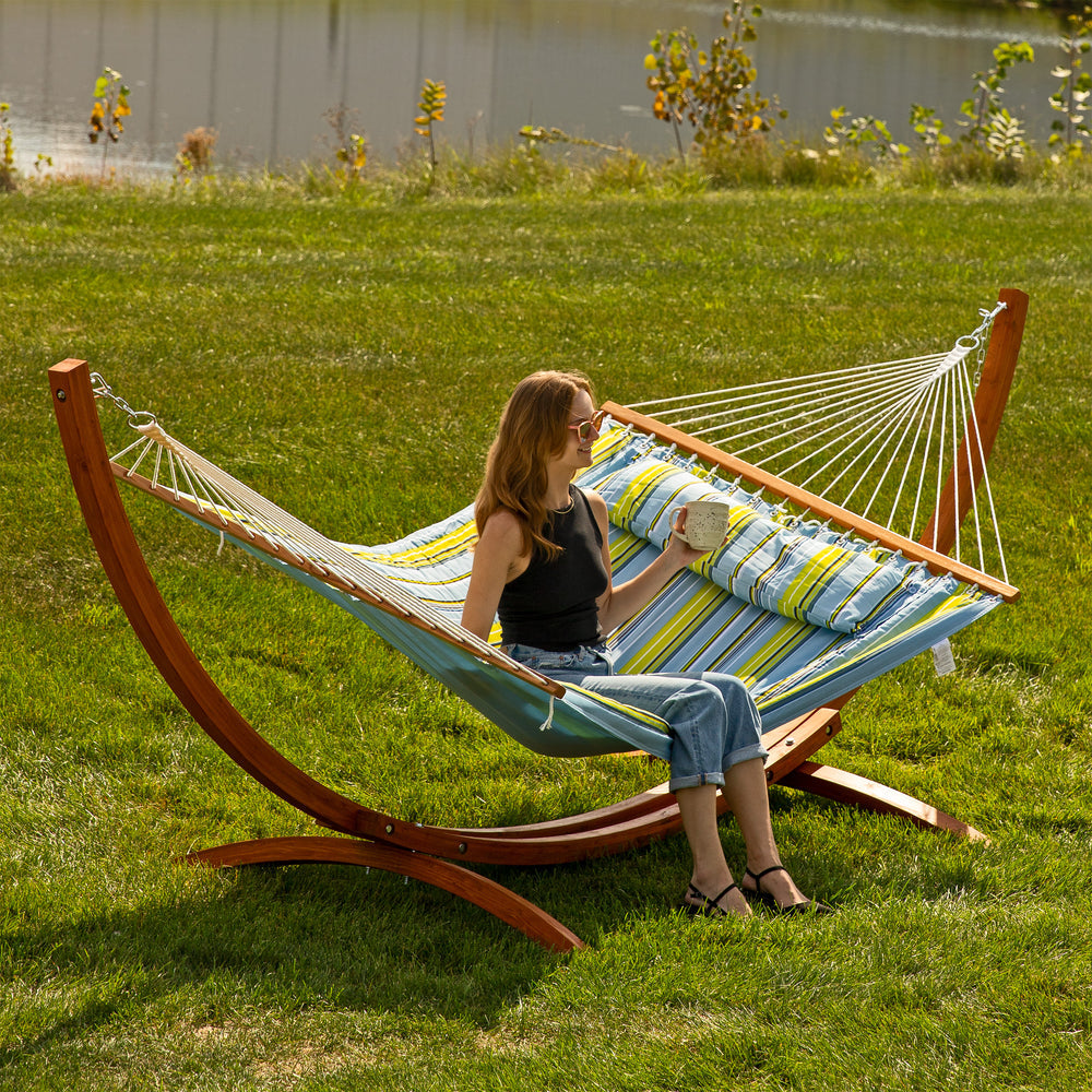 Double Quilted Hammock Wooden Stand Blue Green Stripe detail