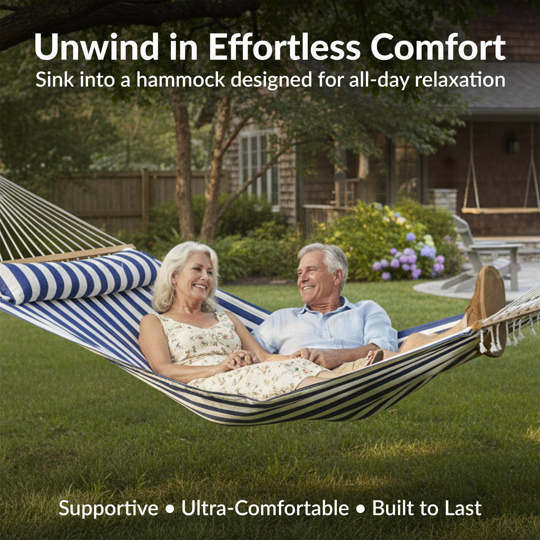 Sunnydaze Quilted Double Spreader Bar Hammock with Pillow, Polyester, 450 lb Capacity