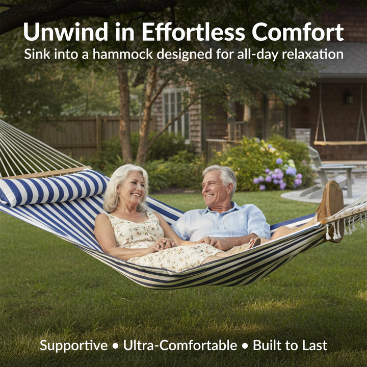 Sunnydaze Quilted Double Spreader Bar Hammock with Pillow, Polyester, 450 lb Capacity
