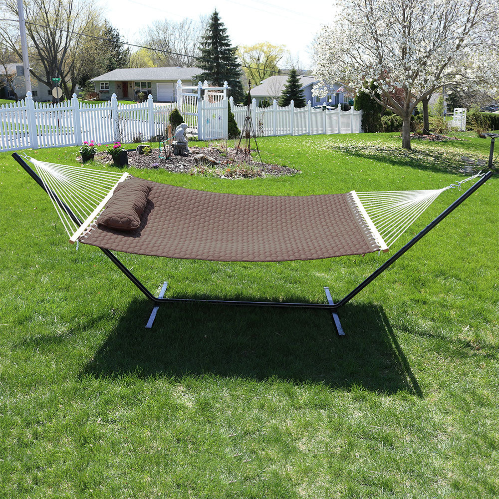 Quilted Fabric 2-Person Hammock with Pillow and Stand Brown lifestyle