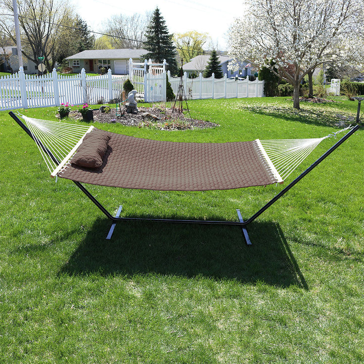 Quilted Fabric 2-Person Hammock with Pillow and Stand Brown lifestyle