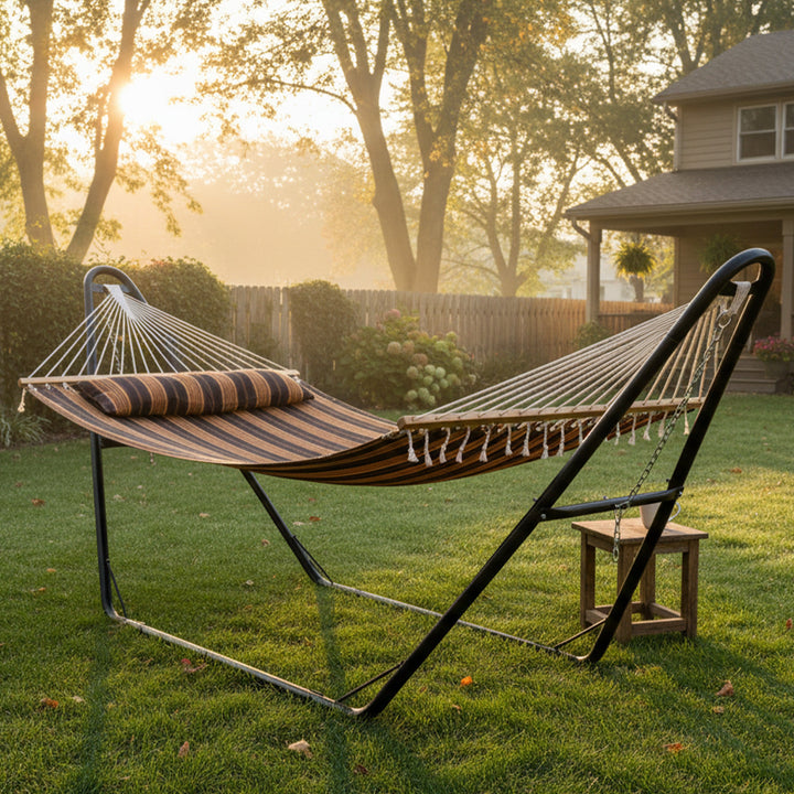 Sunnydaze Quilted Double Spreader Bar Hammock with Pillow, Polyester, 450 lb Capacity