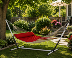Red LA SIESTA Alabama padded hammock on a Nautico Cool Grey stand in a backyard garden