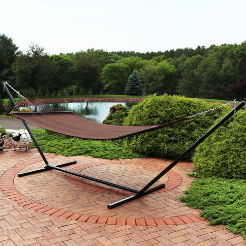 Sunnydaze Polyester Rope Hammock Stand Mocha lifestyle