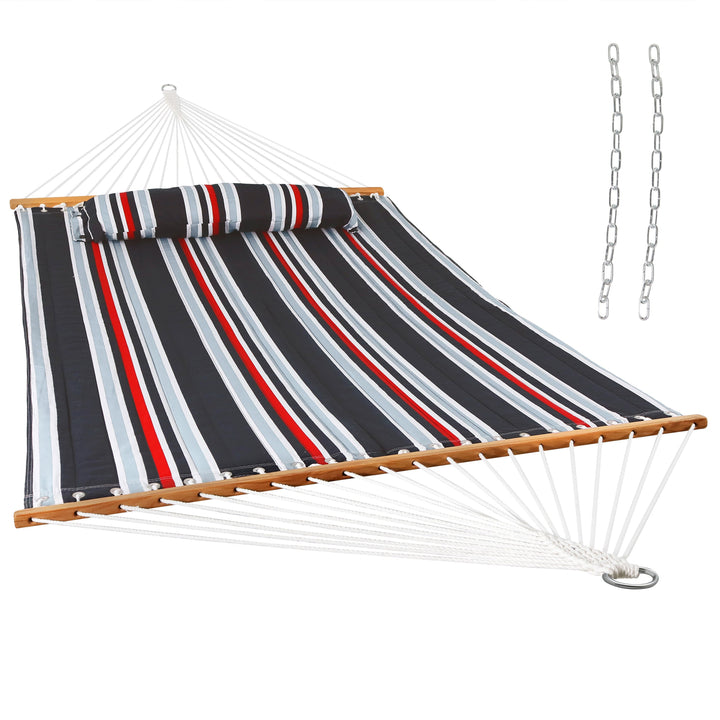 Sunnydaze Quilted Double Spreader Bar Hammock with Pillow, Polyester, 450 lb Capacity