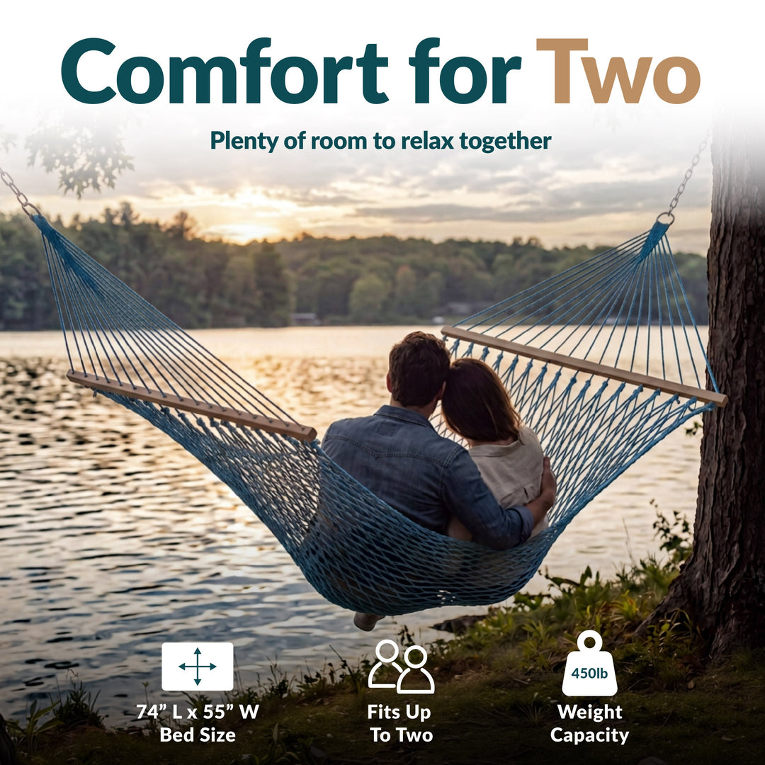 Sunnydaze Cotton Blend Double Rope Hammock with Spreader Bars, 2-Person, 450 lb Capacity