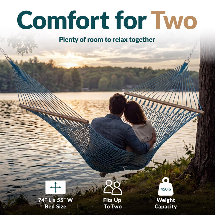 Sunnydaze Cotton Blend Double Rope Hammock with Spreader Bars, 2-Person, 450 lb Capacity