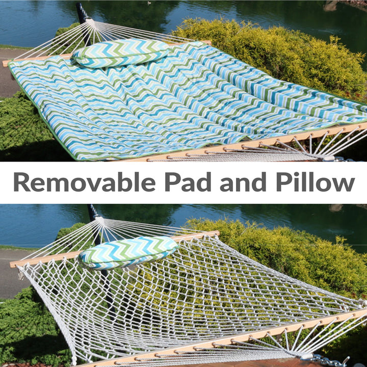 Rope Hammock 12ft Steel Stand Pad Pillow Blue Green Chevron detail
