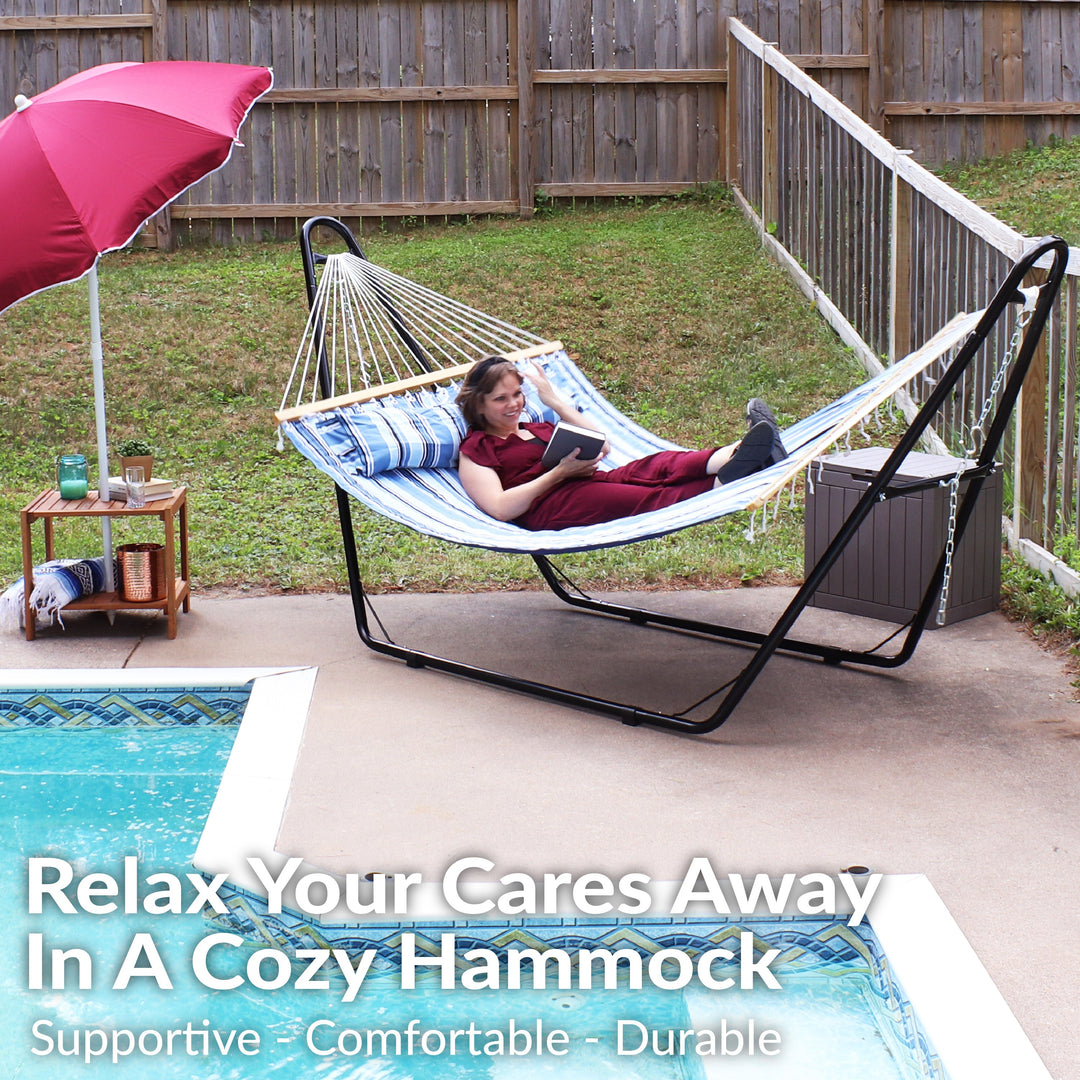 Sunnydaze Quilted Double Spreader Bar Hammock with Pillow, Polyester, 450 lb Capacity