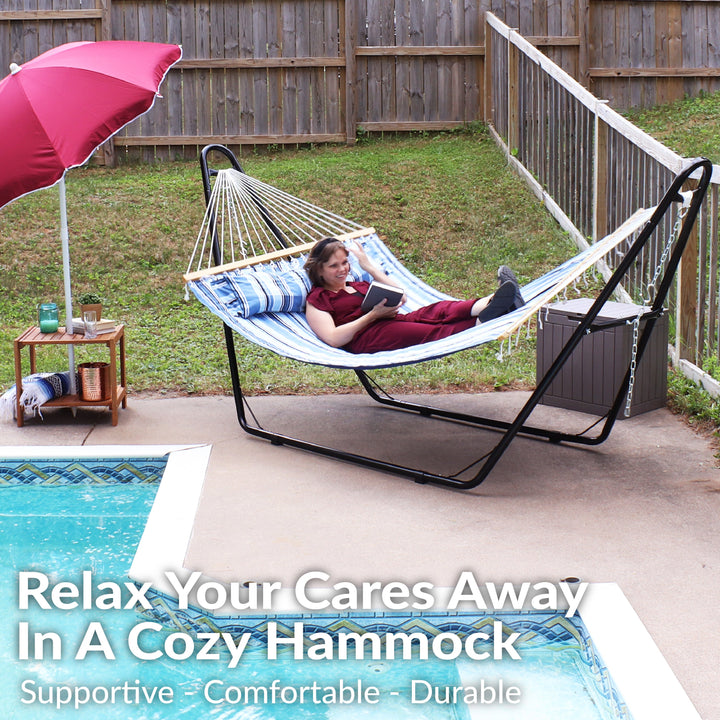 Sunnydaze Quilted Double Spreader Bar Hammock with Pillow, Polyester, 450 lb Capacity