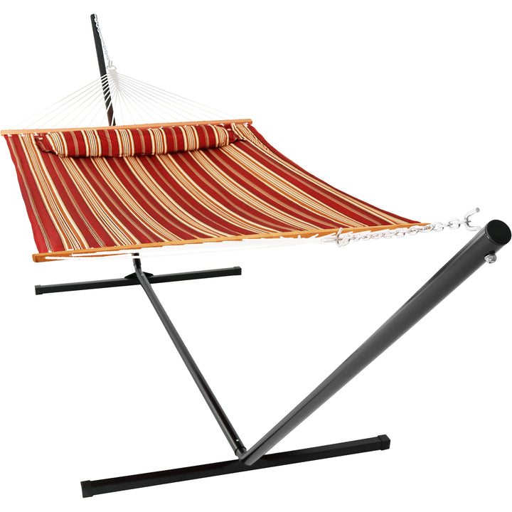 Sunnydaze Quilted Spreader Bar Hammock with Steel Stand, 2-Person, 350 lb Capacity