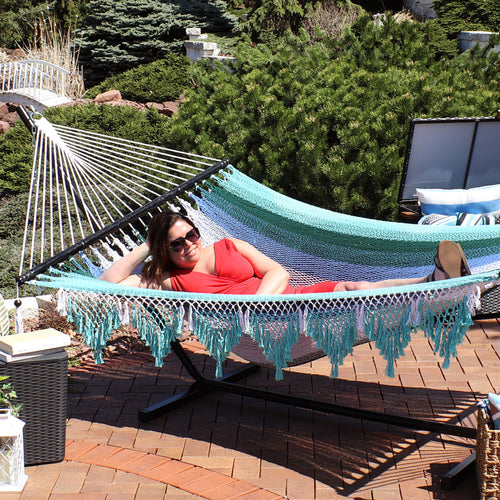 Sunnydaze Woven Double Hammock Spreader Bars Lagoon Stripes detail