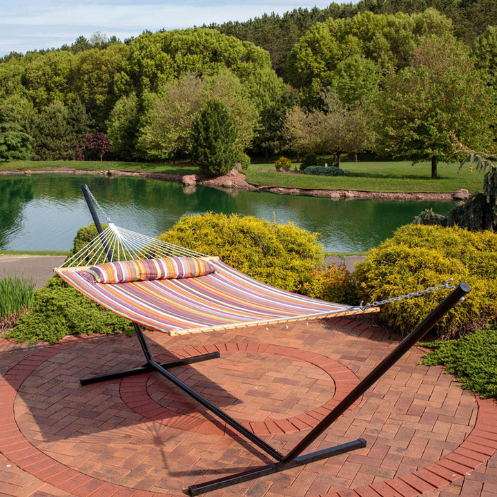 Sunnydaze Quilted Spreader Bar Hammock with Steel Stand, 2-Person, 350 lb Capacity