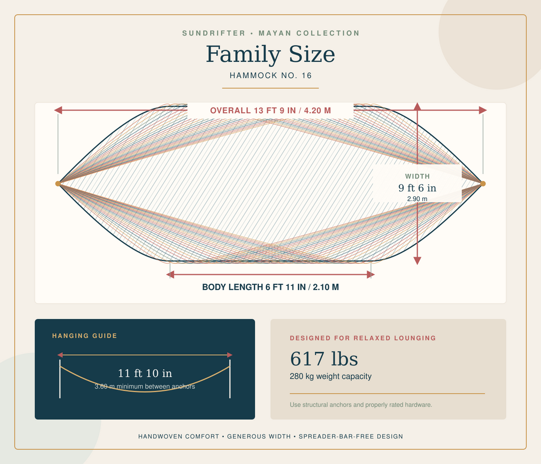 Sundrifter Family Mayan Hammock dimensions, hanging distance, and weight capacity