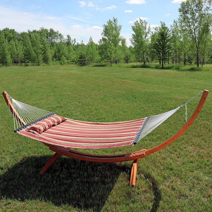 Double Quilted Hammock Wooden Stand Red Stripe lifestyle