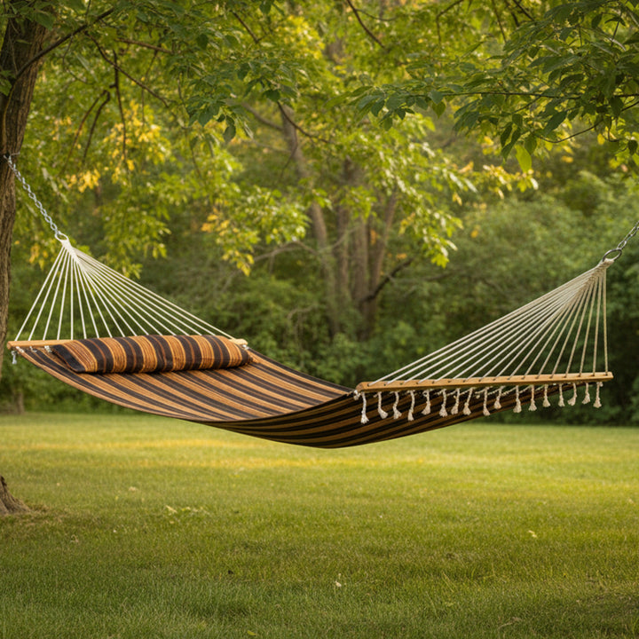 Sunnydaze Quilted Double Spreader Bar Hammock with Pillow, Polyester, 450 lb Capacity