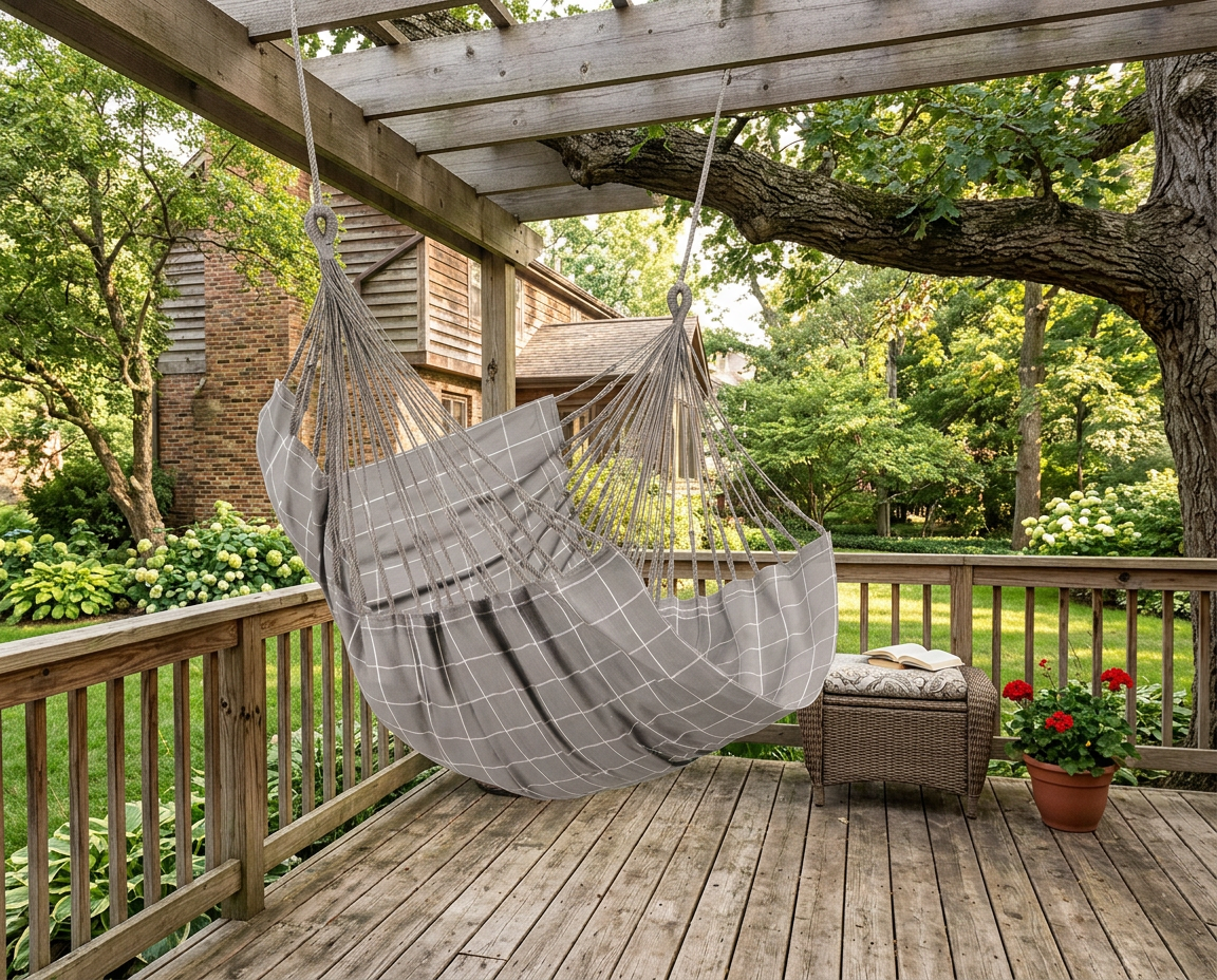 Taupe LA SIESTA Cumbia Outdoor Almond hammock chair hanging from a pergola on a wooden deck
