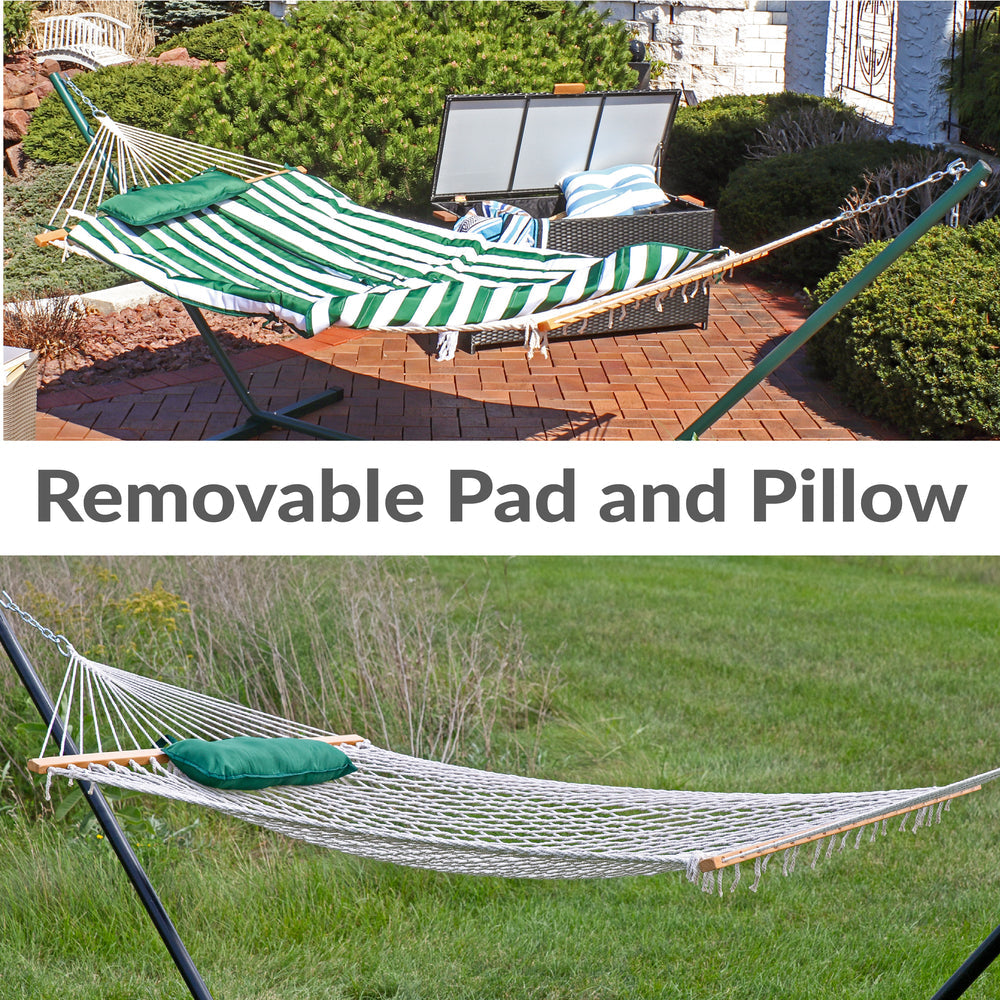 Rope Hammock Stand Pad Pillow Green White Stripe detail