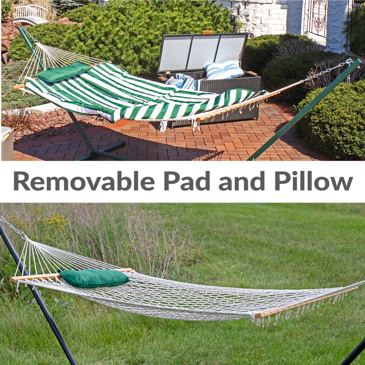 Rope Hammock Stand Pad Pillow Green White Stripe detail