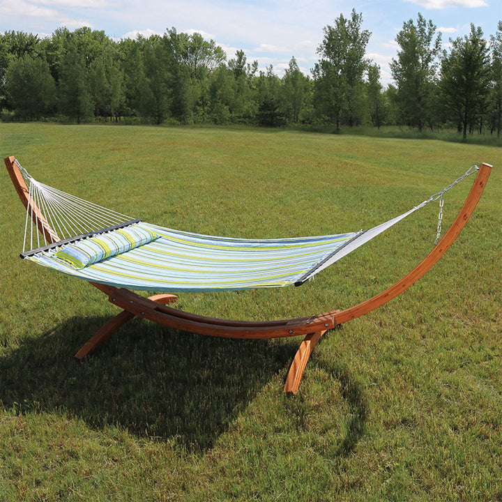 Sunnydaze Quilted Double Hammock with Wood Stand, 2-Person, 400 lb Capacity