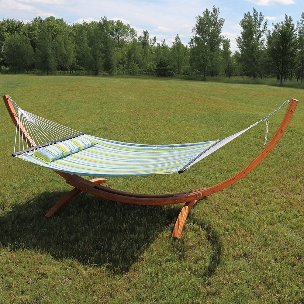 Double Quilted Hammock Wooden Stand Blue Green Stripe lifestyle