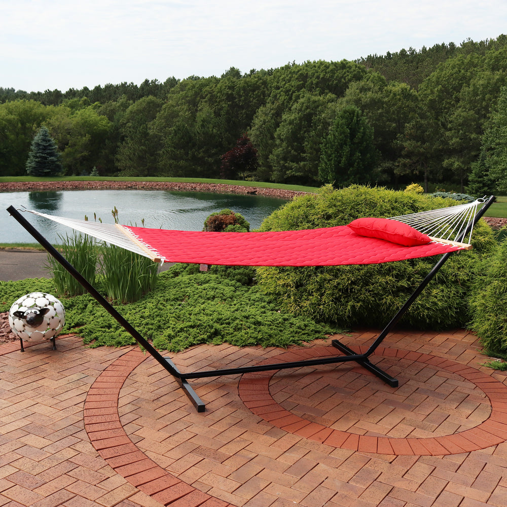 Quilted Fabric 2-Person Hammock with Pillow and Stand Red lifestyle