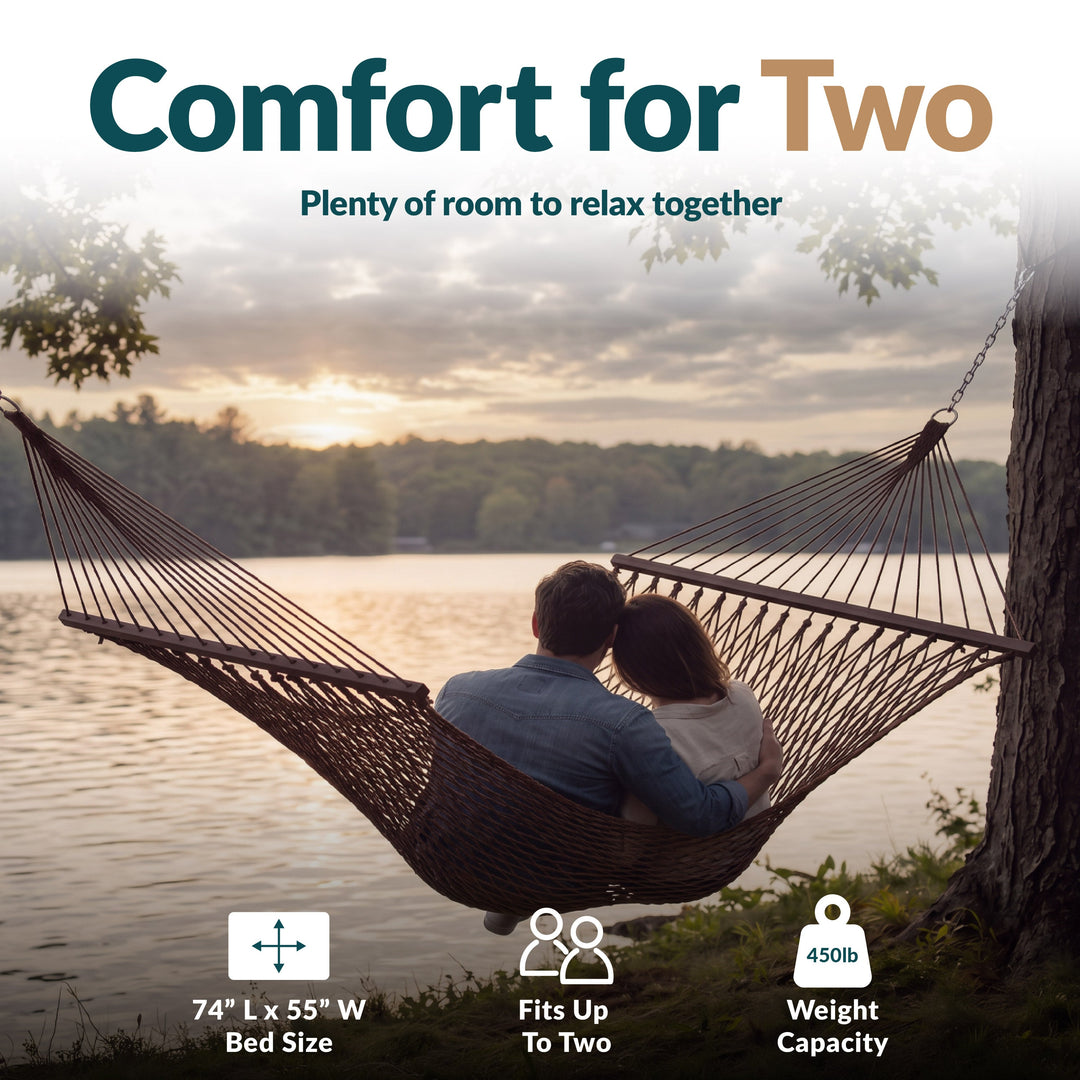 Sunnydaze Cotton Blend Double Rope Hammock with Spreader Bars, 2-Person, 450 lb Capacity