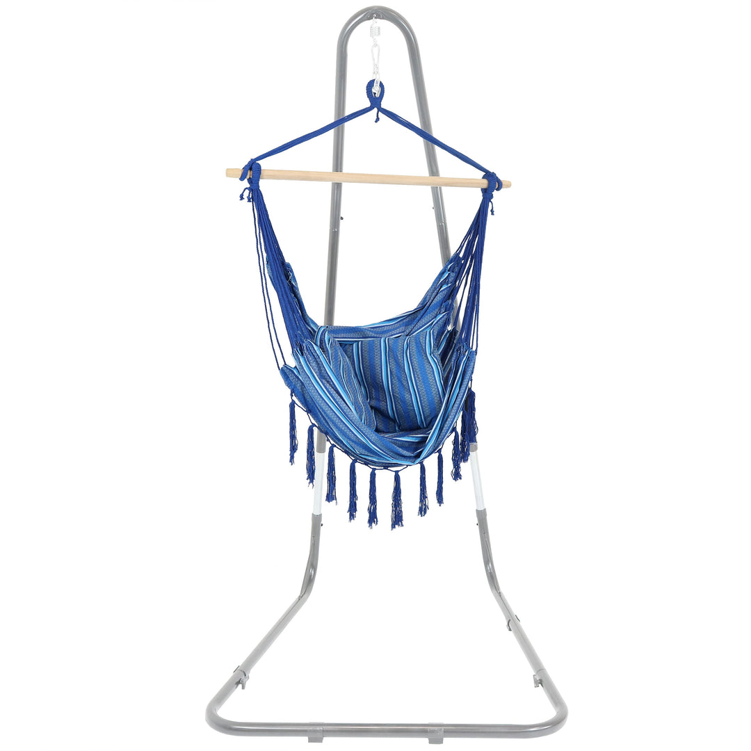 Sunnydaze Cushioned Hanging Hammock Chair with Pillows, Polyester, 265 lb Capacity - Cornflower Stripes