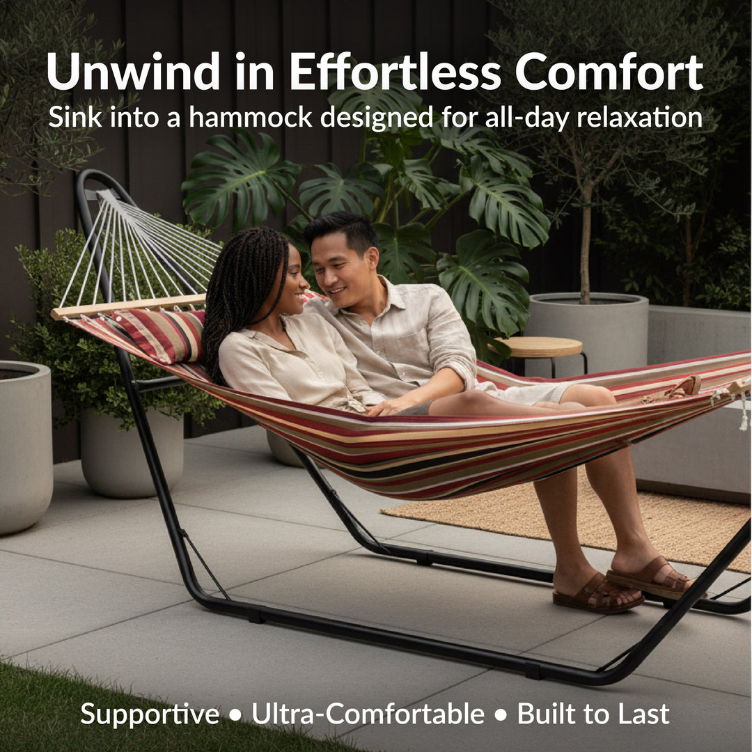 Sunnydaze Quilted Double Spreader Bar Hammock with Pillow, Polyester, 450 lb Capacity
