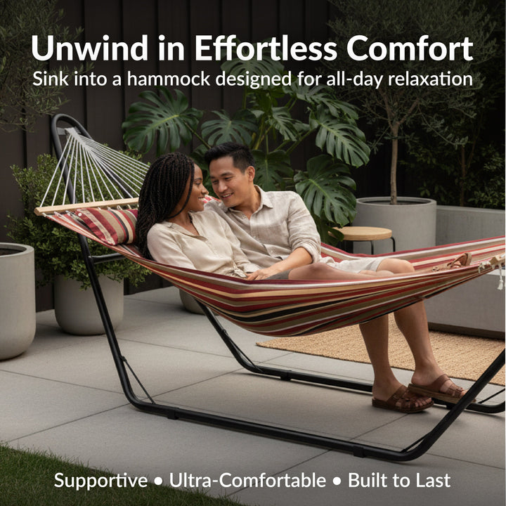 Sunnydaze Quilted Double Spreader Bar Hammock with Pillow, Polyester, 450 lb Capacity