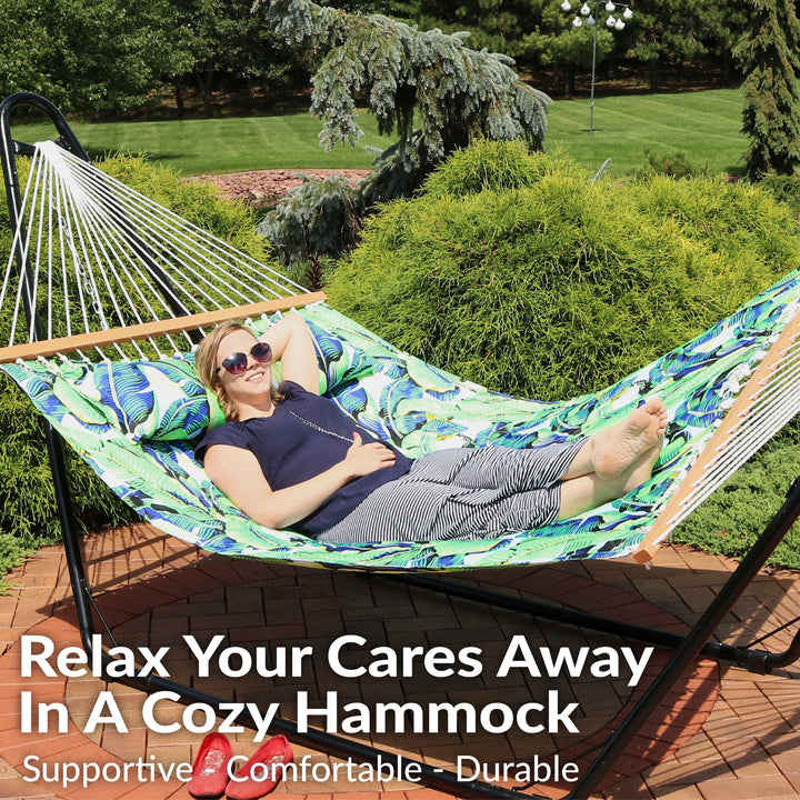 Sunnydaze Quilted Double Spreader Bar Hammock with Pillow, Polyester, 450 lb Capacity