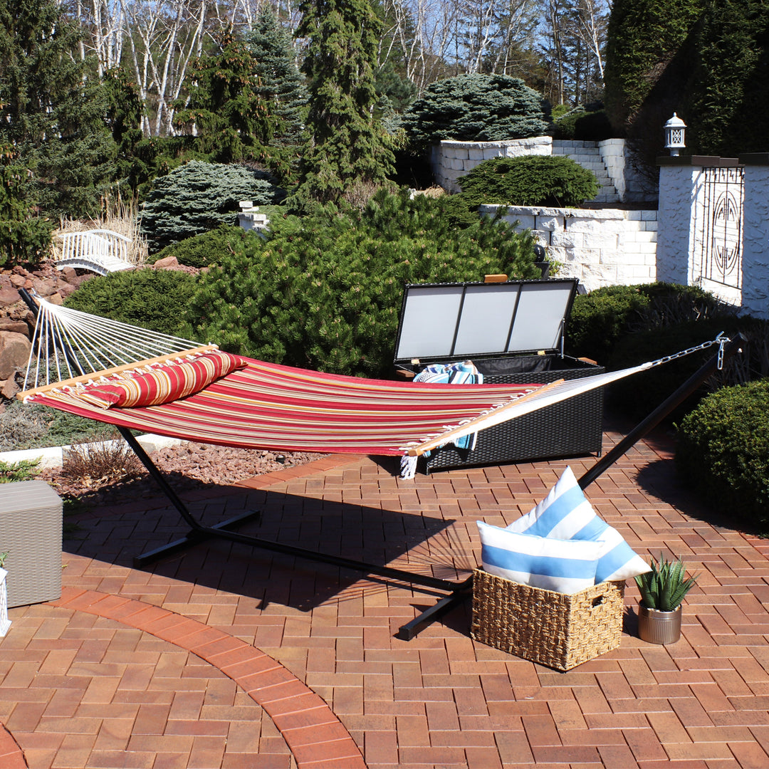 Sunnydaze Quilted Spreader Bar Hammock with Steel Stand, 2-Person, 350 lb Capacity