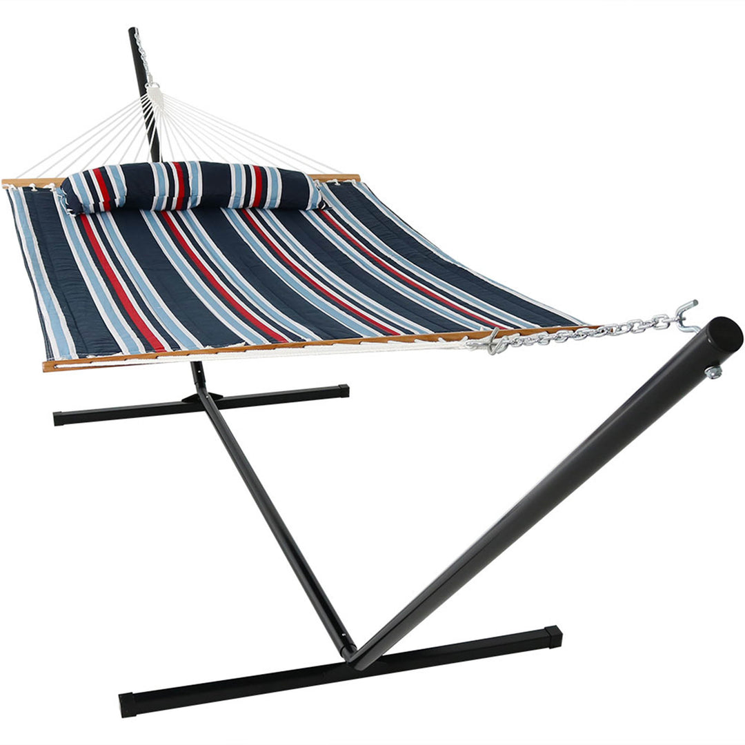 Sunnydaze Quilted Spreader Bar Hammock with Steel Stand, 2-Person, 350 lb Capacity