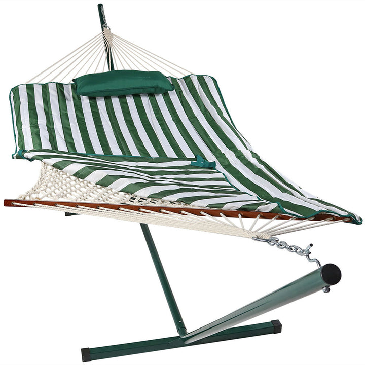 Rope Hammock Stand Pad Pillow Green White Stripe detail