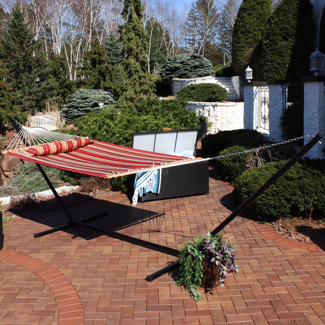 Sunnydaze Quilted Spreader Bar Hammock with Steel Stand, 2-Person, 350 lb Capacity