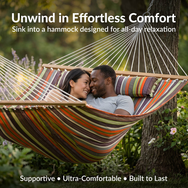 Sunnydaze Quilted Double Spreader Bar Hammock with Pillow, Polyester, 450 lb Capacity