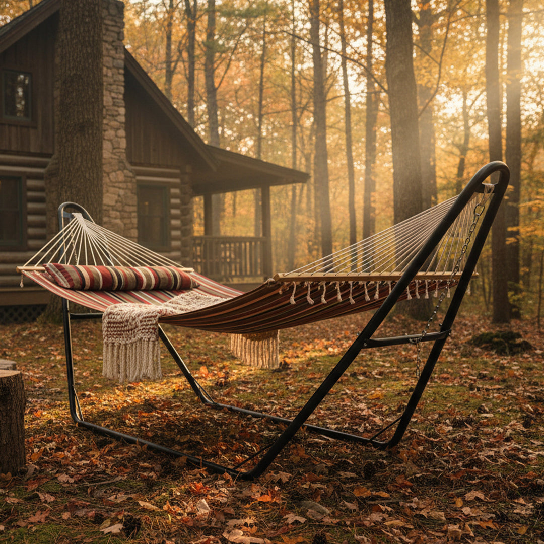 Sunnydaze Quilted Double Spreader Bar Hammock with Pillow, Polyester, 450 lb Capacity