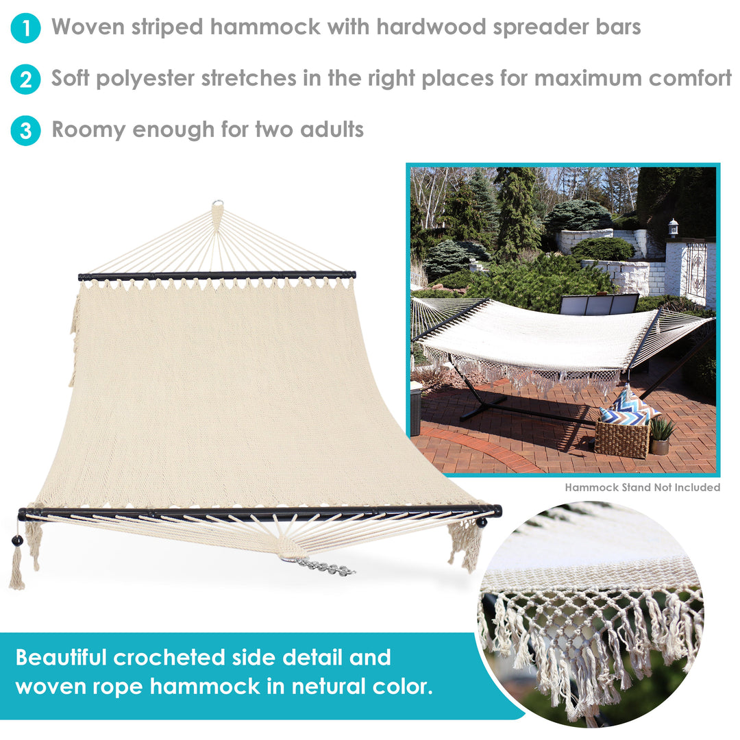 Sunnydaze Woven Polyester Double Hammock with Bamboo Spreader Bars, 2-Person, 600 lb Capacity