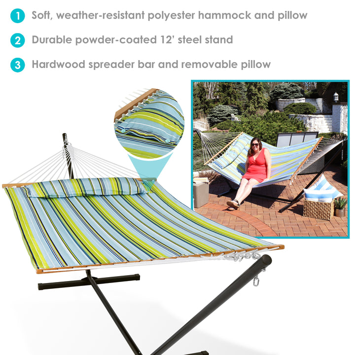 Sunnydaze Quilted Spreader Bar Hammock with Steel Stand, 2-Person, 350 lb Capacity