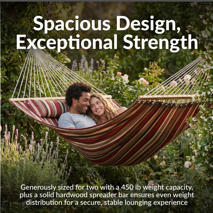 Sunnydaze Quilted Double Spreader Bar Hammock with Pillow, Polyester, 450 lb Capacity