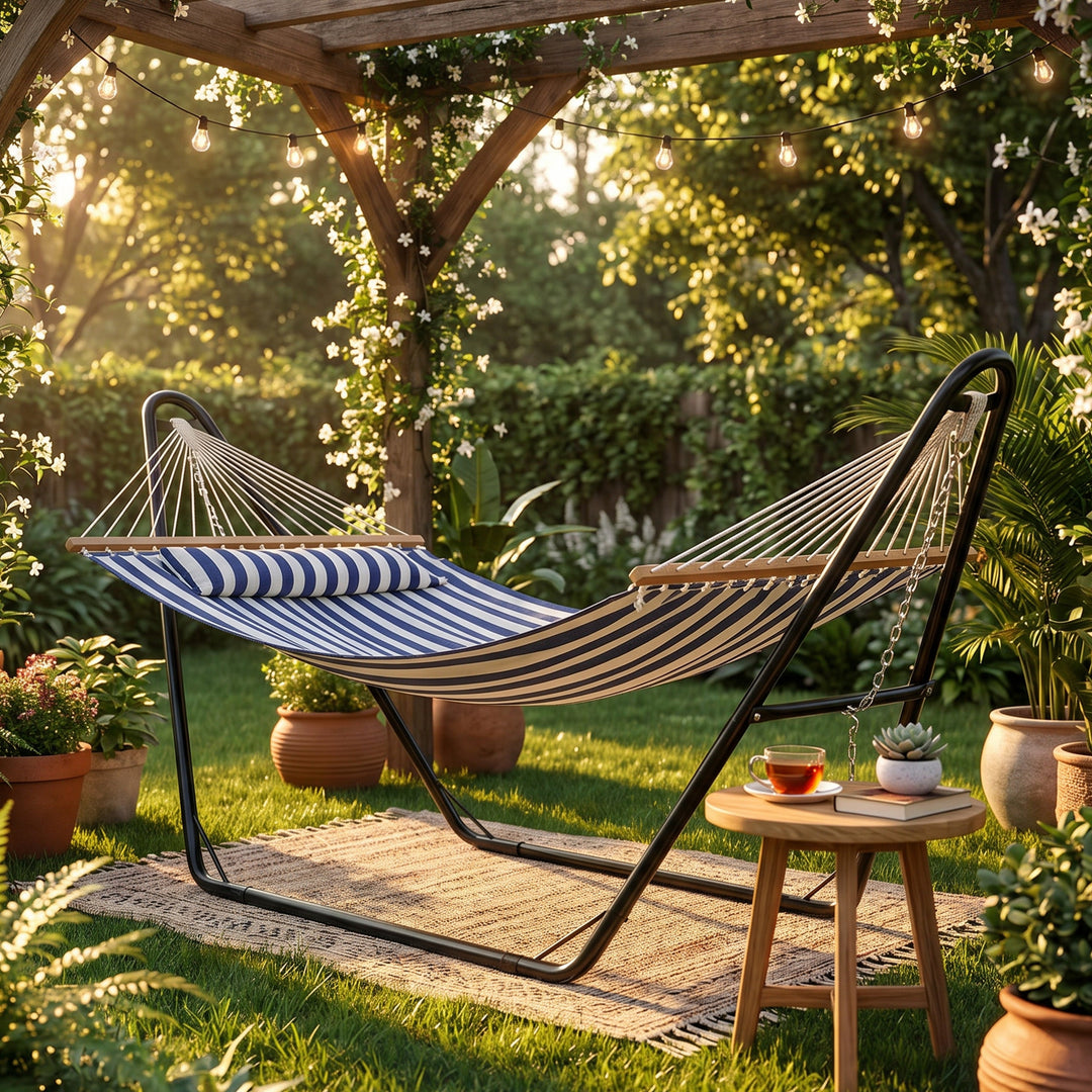 Sunnydaze Quilted Double Spreader Bar Hammock with Pillow, Polyester, 450 lb Capacity
