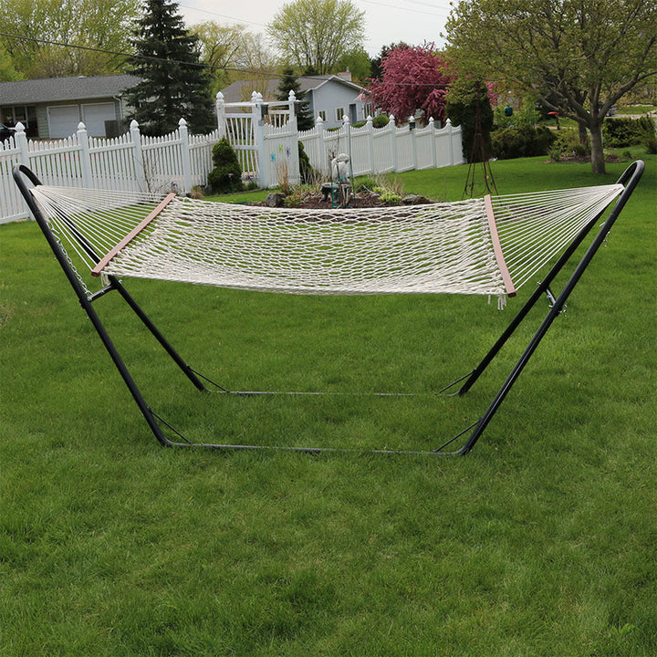 2-Person Cotton Rope Hammock Multi-Use Steel Stand White lifestyle