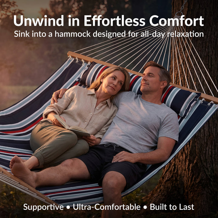 Sunnydaze Quilted Double Spreader Bar Hammock with Pillow, Polyester, 450 lb Capacity