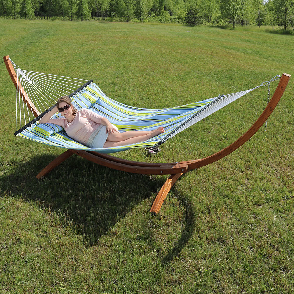 Double Quilted Hammock Wooden Stand Blue Green Stripe detail