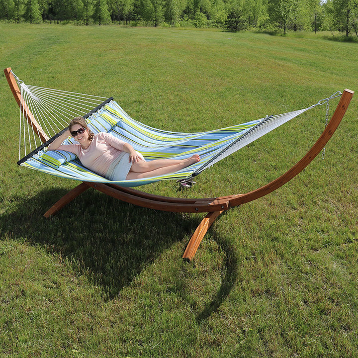 Double Quilted Hammock Wooden Stand Blue Green Stripe detail