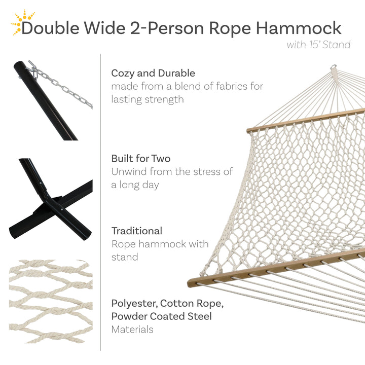 Sunnydaze Cotton Blend Double Rope Hammock with 15&