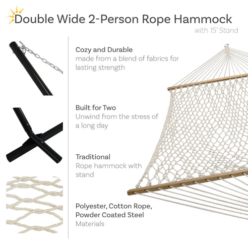 Sunnydaze Double Wide 2-Person Rope Hammock 15ft Stand White detail