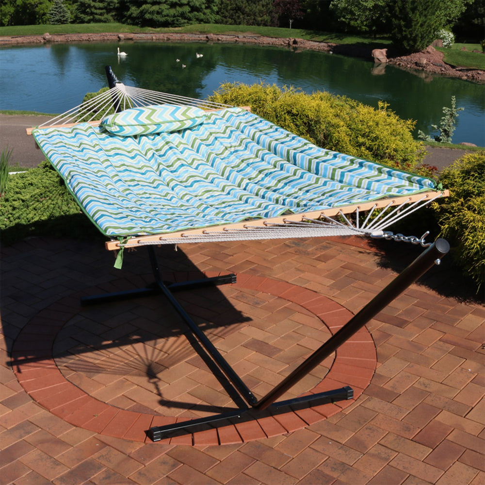 Rope Hammock 12ft Steel Stand Pad Pillow Blue Green Chevron lifestyle